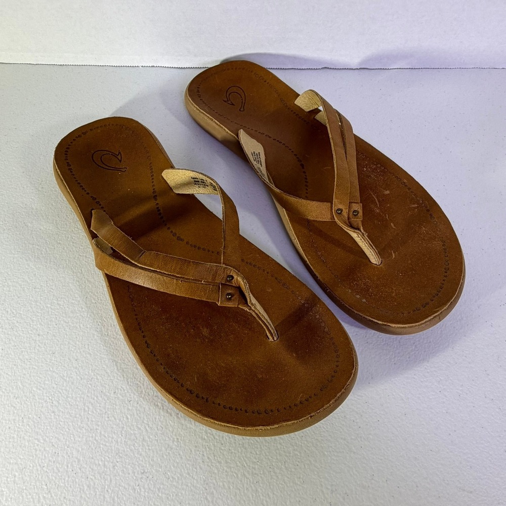 OluKai Kapehe Luana Tan Leather Flip Flop Sandals 20468-FMFM Womens 9